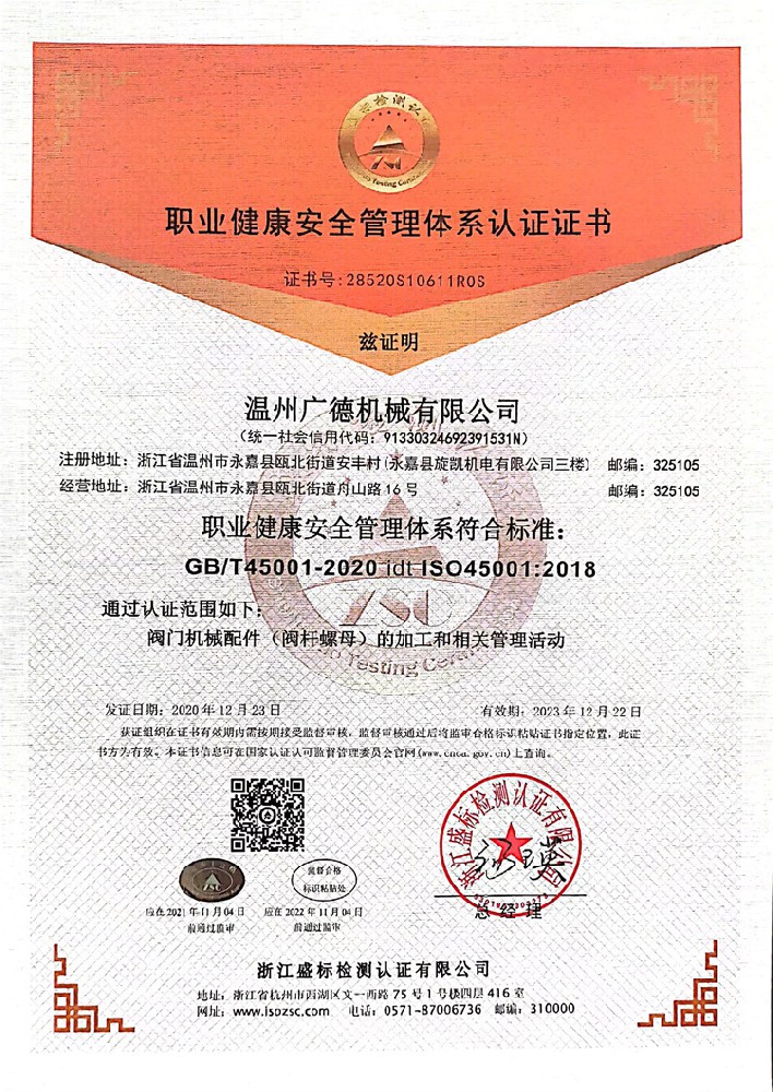 職業(yè)健康安全管理體系認證證書